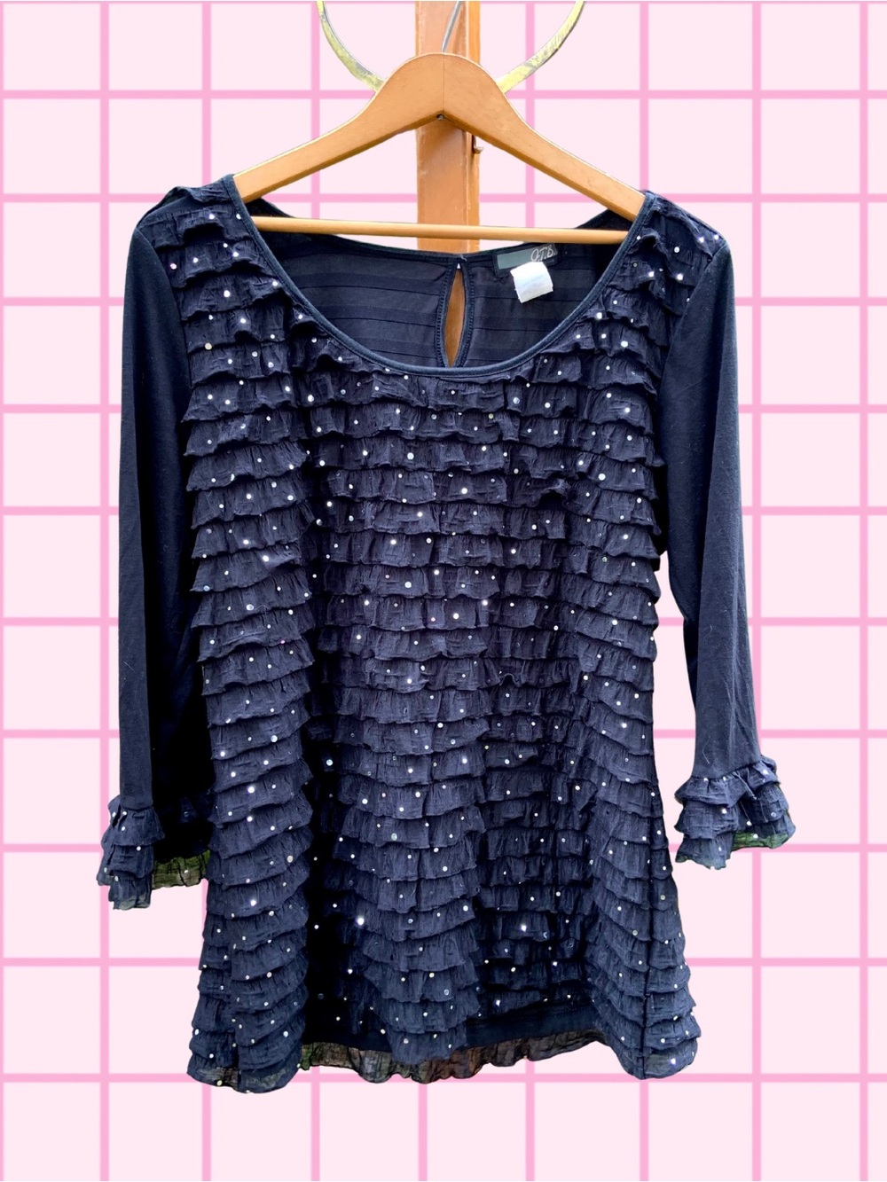Y2K Black Ruffle Sparkle Top, 3/4 Sleeves - Size XL